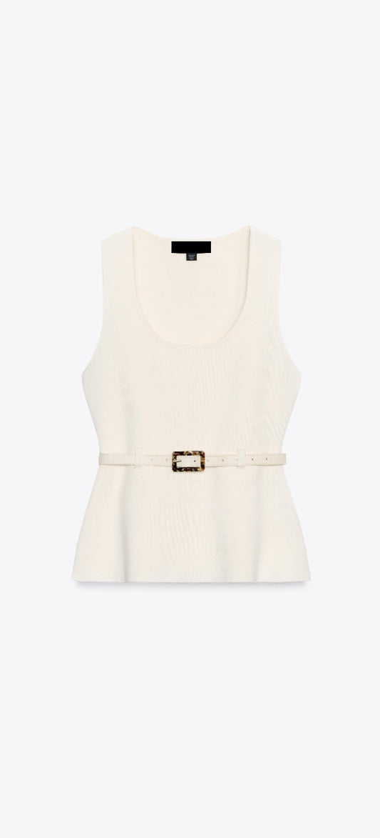 Top smanicato in maglia con cintura - Bianco panna