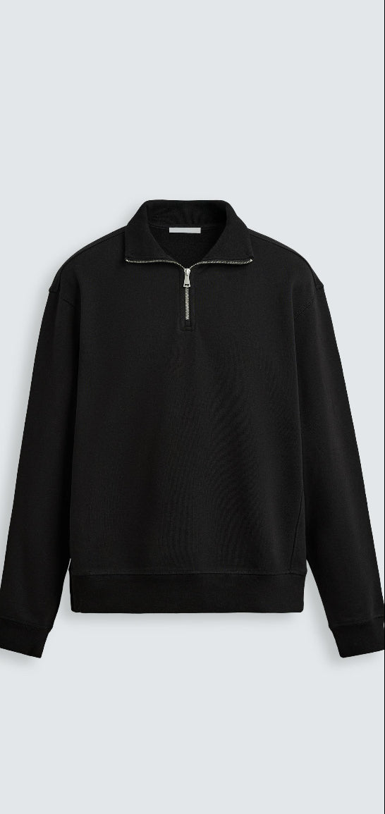 Felpa Nera con Mezza Zip e Colletto