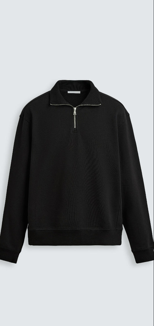 Felpa Nera con Mezza Zip e Colletto